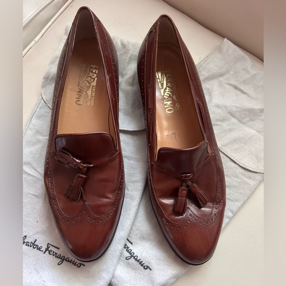 Men’s Salvatore Ferragamo Loafers 10.5 Burgundy Leather Kiltie Tassel Fringe